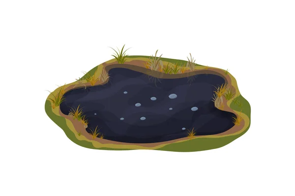 Charco de barro sucio, pantano con piedra, hierba en estilo de dibujos animados aislados sobre fondo blanco. Suelo húmedo natural, estanque forestal, clip art lago. — Vector de stock