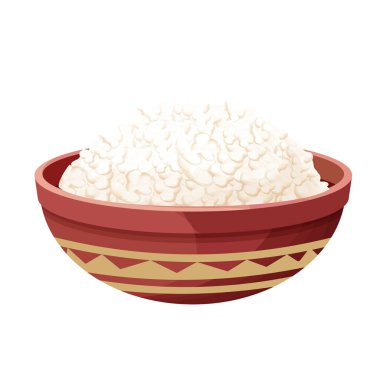 Beyaz arka planda izole edilmiş çizgi film tarzında süzme peynirli süt ürünü kasede. Çiftlik malzemeleri, besin maddeleri..