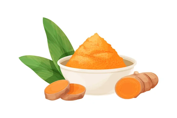 Turmeric, curcuma dry powder in bowl in cartoon style isolated on white background. Homeopathy ingredient, aromatic Asian cuisine, close up — Stock Vector