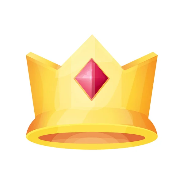 Золота корона з активом гри червоного дорогоцінного каменю, ікона в стилі мультфільму, нагорода або приз, ізольований на білому тлі. Середньовічне мистецтво вирізання — стоковий вектор