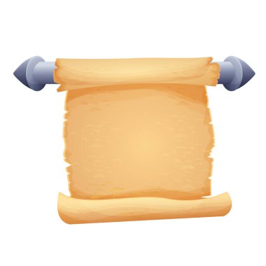 Parşömen çubuk üzerine çizgi film tarzında beyaz arkaplanda izole edilmiş. Oyun varlığı, tasarım elemanı. Eski, ortaçağ kağıdı.