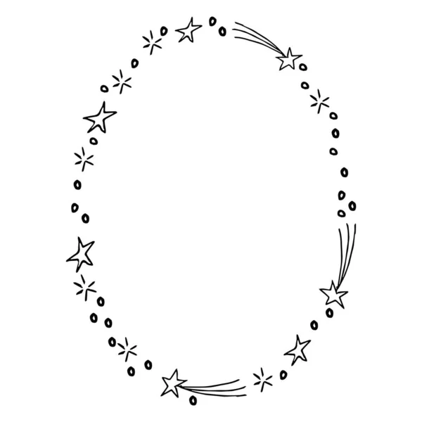 Cadre ovale bordure dans un style simple avec des étoiles, des lignes, des cercles isolés sur fond blanc. Doodle décoration mignonne. — Image vectorielle