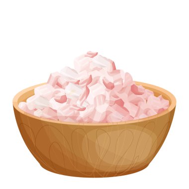 Himalaya pembe tuz yığını, ahşap kasede beyaz arka planda izole edilmiş karikatür tarzında tahıl minerali baharatı. Organik, doğal malzeme..