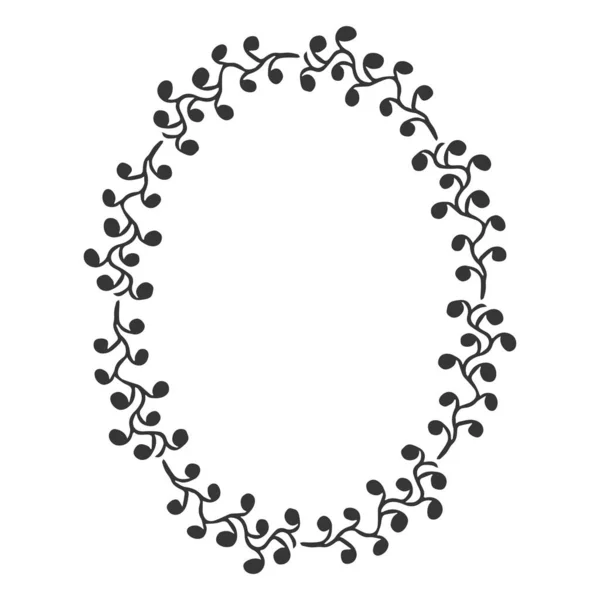 Elégant cadre floral ovale, silhouette bordure en style doodle dessiné à la main isolé sur fond blanc. Décoration de couronne, clip art délicat — Image vectorielle