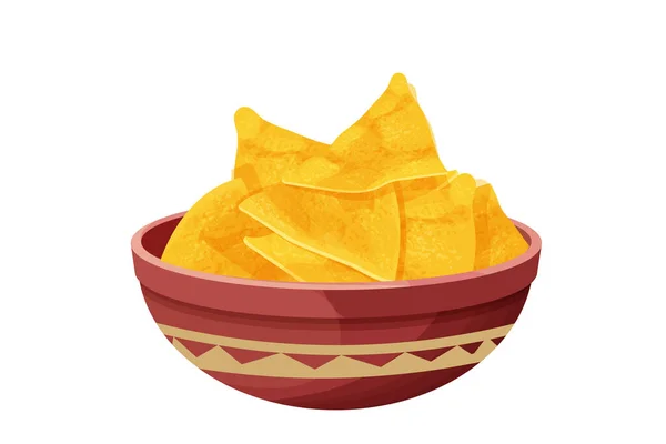 Tortilla chips, hagyományos mexikói nacho, háromszög alakú ropogós étel tálban rajzfilm stílusban elszigetelt fehér háttérrel. Gyorsétterem, részletes étkezés. — Stock Vector