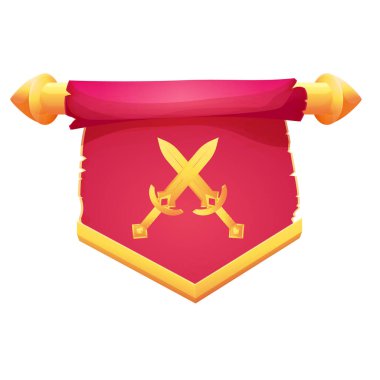 Kırmızı asılı ortaçağ bayrağı kumaş desenli, altın madalyalı ve beyaz arka planda izole çizgi film tarzında kılıçlı. Ui oyun varlığı, heraldik tasarım ögesi,