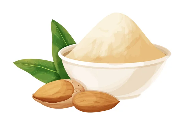 Mandelpuder, Mehl in Schüssel mit Mandelnüssen in Nussschale dekoriert, Blätter im Cartoon-Stil isoliert auf weißem Hintergrund. Backzutat, Nährstoffe. — Stockvektor