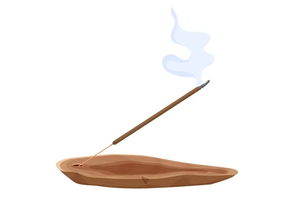 Aroma stick no queimador de incenso de madeira com fumaça em estilo cartoon isolado no fundo branco. Aromaterapia e meditação, — Vetor de Stock