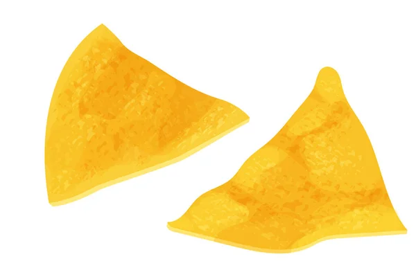 Tortilla chips, nacho tradizionale messicano, cibo croccante triangolo in stile cartone animato isolato su sfondo bianco. Fast food, pasto dettagliato. — Vettoriale Stock