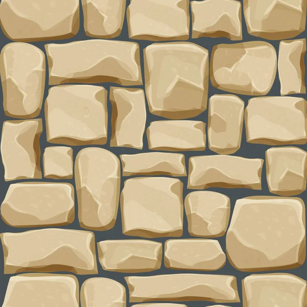 Stenen muur van bakstenen, rock, game achtergrond in cartoon stijl, naadloze textuur oppervlak. Ui game activa, weg of vloer materiaal — Stockvector