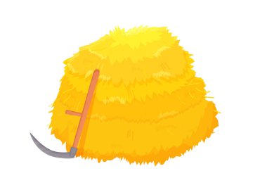 Samanlık, beyaz arka planda karikatür tarzında tırpanlı kuru buğday yığını. Çiftçilik, hasat .