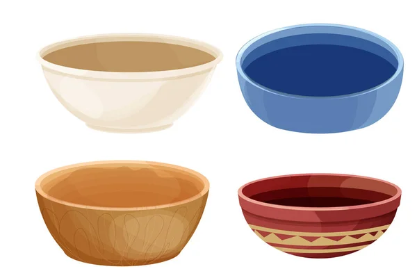 设置空碗，浸渍瓷盘，木制和陶器厨具，卡通风格，白色背景隔离。食品容器，设计部分. — 图库矢量图片