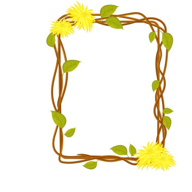 Ahşap dallı çerçeve, dallı bahar çelengi, beyaz arka planda izole çizgi film tarzında sevimli dekorasyon.. 