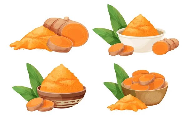 Set turmeric, curcuma dry powder in bowl, cup root in cartoon style isolated on white background. Homeopathy ingredient, aromatic Asian cuisine, close up — Stock Vector