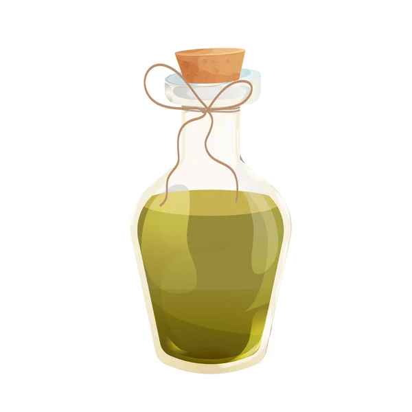 Aceite de oliva en botella de vidrio con corcho en estilo caricatura aislado sobre fondo blanco. Ingrediente natural griego — Archivo Imágenes Vectoriales