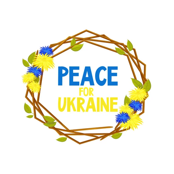 Українська рама з паличок з квітами тексту "Мир для України" з двома кольорами синій і жовтий у карикатурному стилі. Елементи дизайну. — стоковий вектор