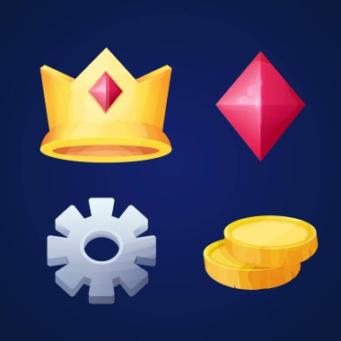 Oyun simgelerini, ortaçağ altın tacını, sembolleri, sikkeleri ve kristali beyaz arka planda izole edilmiş çizgi film tarzında yerleştirin. Koleksiyon menüsü nesneleri, kraliyet unsurları.
