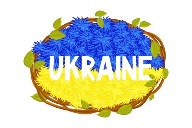 Ukrayna bayrağı, çiçeklerden gelen ulusal bayrak Ukrayna 'ya iki renk mavi ve sarı, yaprakları çizgi film tarzında olan dallardan çerçeve şeklinde mesaj gönderiyor. Tasarım için elementler. 