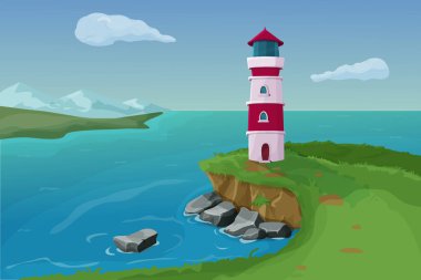 Bir uçurumun kenarında duran deniz feneri, yaz manzarası, okyanus, kaya ve dağ manzarası beyaz arka planda izole edilmiş karikatür tarzı.. 