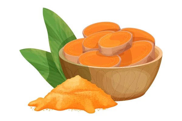 Turmeric, curcuma dry powder in bowl in cartoon style isolated on white background. Homeopathy ingredient, aromatic Asian cuisine, close up — Stock Vector