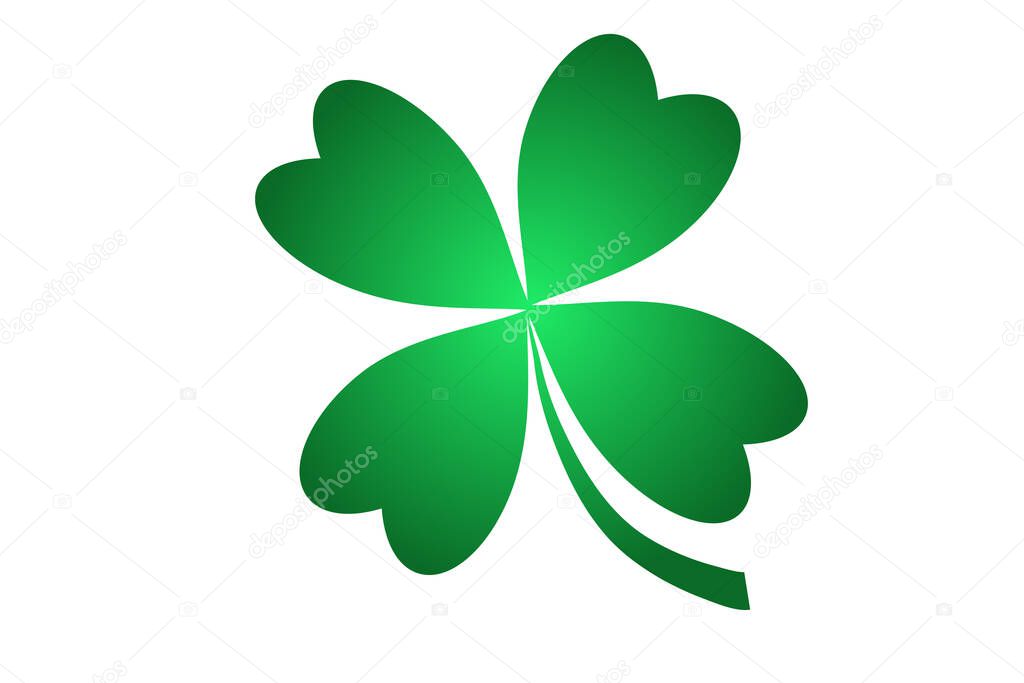 Lucky clover with four leaves in cartoon style isolated on white background. Saint Patricks Day symbol, decoration.