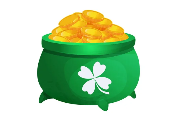 Groene pot met gouden munten en klaver symbool in cartoon stijl geïsoleerd op witte achtergrond. Schat, traditionele Saint Patrick dag decoratie — Stockvector