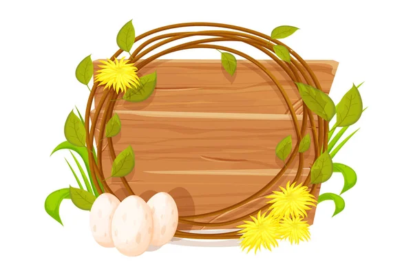 Easter wooden frame from planks with wreath from sticks decorated with grass, eggs, dandelions and leaves, spring in cartoon style isolated on white background. — Stock Vector