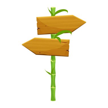 Yapraklı yeşil bambu çubuklu ahşap tabela beyaz arka planda izole çizgi film tarzında boş çerçeve. Desenli nesne, evet varlık.