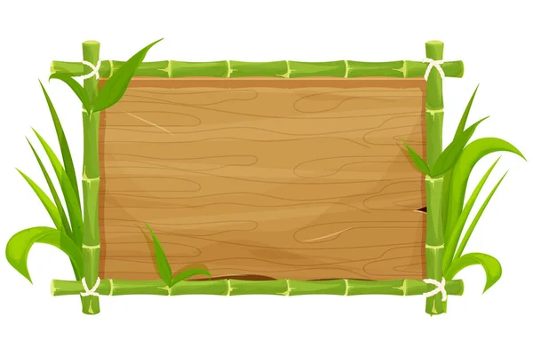 Grön bambu ram med blad, tom träplanka, skylt i tecknad stil isolerad på vit bakgrund. Asiatisk tribal dekoration, exotiska element ui spel tillgång. — Stock vektor