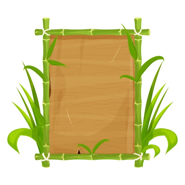 Zelený bambusový rám s listy, prázdné dřevěné prkno, tabule v karikaturním stylu izolované na bílém pozadí. Asijské kmenové dekorace, exotický prvek ui game asset. — Stockový vektor