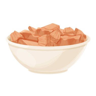 Sandalwood, Chandan parçaları beyaz arka planda izole edilmiş çizgi film tarzında çanak içerikli. Kurumuş ahşap, tıbbi malzeme..