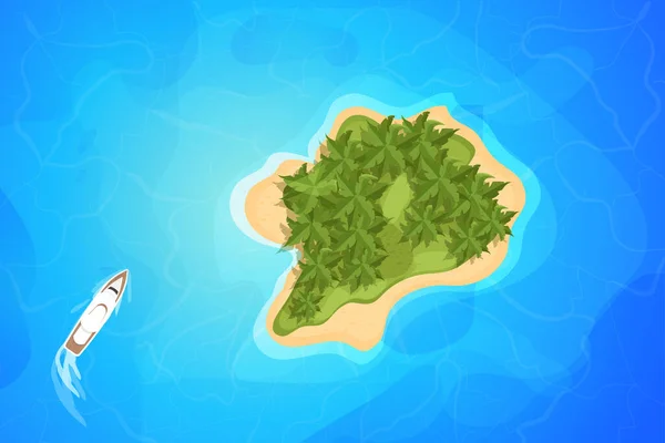 Tropische Insel und Yacht oder Boot von oben, Resort mit Palmen, Sand und Wellen im Cartoon-Stil isoliert auf weißem Hintergrund. Sommerantenne, Landschaft. — Stockvektor