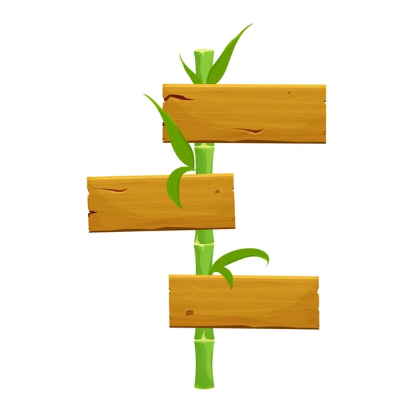 Panneau en bois avec des bâtons de bambou vert avec des feuilles, cadre vide en style dessin animé isolé sur fond blanc. Objet texturé, ui asset. — Image vectorielle