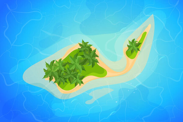 Tropical island top view, resort with palm trees, sand and waves in cartoon style isolated on white background. Summer aerial, landscape.