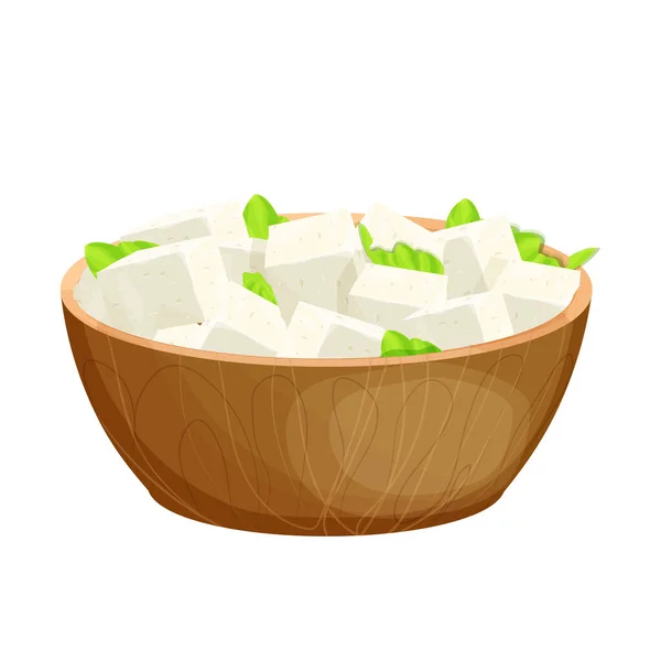 Feta cheese pieces in wooden bowl with lettuce in cartoon style detailed ingredient isolated on white background. Greek curd white cheese made from sheeps milk or milk bean. — Stockvektor