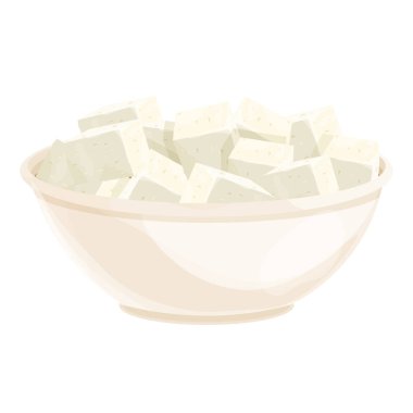 Feta peyniri parçaları beyaz arka planda izole edilmiş, çizgi film tarzı detaylı malzeme. Yunan peyniri koyun sütü ya da süt çekirdeğinden yapılır. 