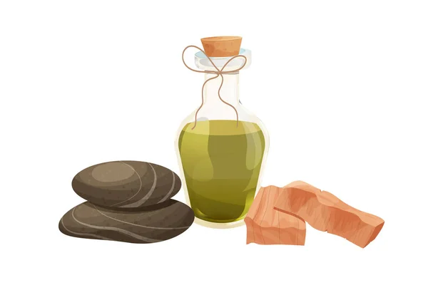 Huile d'olive en bouteille de verre avec liège, pierres de spa pile, morceaux de bois de santal dans le style dessin animé isolé sur fond blanc. — Image vectorielle