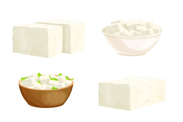 Establecer trozos de queso feta, porción de tofu en tazón en el estilo de dibujos animados ingrediente detallado aislado sobre fondo blanco. Queso blanco de cuajada griego elaborado con leche de oveja o frijol. — Archivo Imágenes Vectoriales