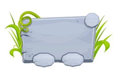  Çimen ve lianalı orman taşı çerçeve, kullanıcı arayüzü, beyaz arkaplanda izole çizgi film tarzında menü tahtası.