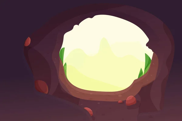 Wejście do jaskini, otwór leśny z kamieniami i okrągłą ramą, trawa w stylu kreskówki, tło gry. Projekt gry Ui — Wektor stockowy