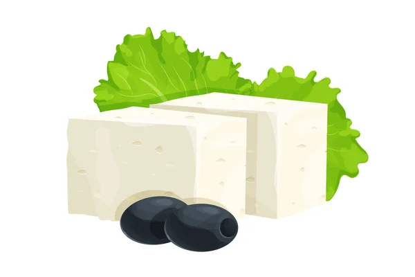 Trozos de queso feta decorados con aceitunas negras y hojas de lechuga en estilo de dibujos animados aislados sobre fondo blanco. Productos lácteos, ingrediente. — Archivo Imágenes Vectoriales