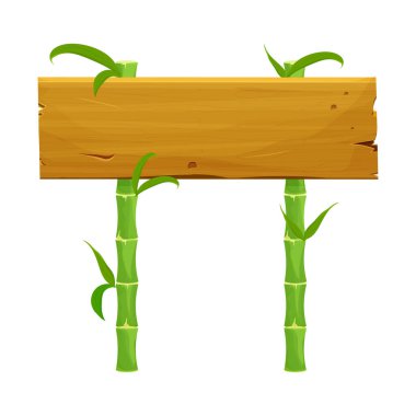 Yapraklı yeşil bambu çubuklu ahşap tabela beyaz arka planda izole çizgi film tarzında boş çerçeve. Desenli nesne, evet varlık.