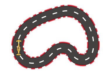 Araba yarışı boş yol, beyaz arka planda izole edilmiş çizgi film tarzında kavis çizimi. Spor formülü haritası. 