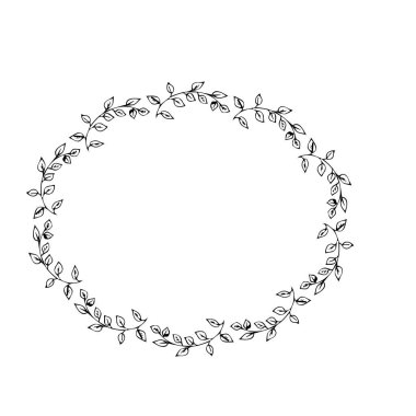 Zarif oval çiçek çerçevesi, elinde sınır silueti beyaz arka planda izole edilmiş karalama tarzı. Çelenk süsleme, hassas klipsleme sanatı. Vektör illüstrasyonu