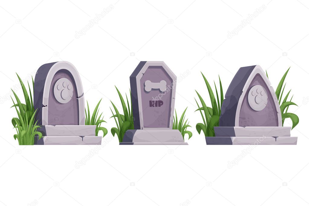 Set Pet gravestone, animal funeral with foot print decorated with grass collection in cartoon style isolated on white background. . Vector illustration