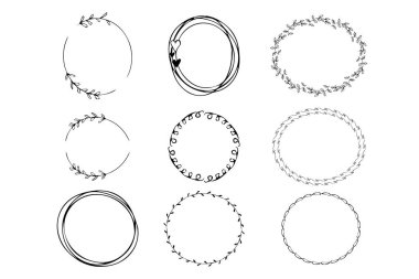 Karalama çiçekli çerçeveler, elde sınır silueti beyaz arkaplanda izole çizgi roman stili. Çelenk süsleme, hassas klipsleme sanatı. Vektör illüstrasyonu