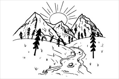 Beyaz arka planda izole edilmiş çizgi çizili dağ manzarası. Resim çizimi, siyah, mürekkep rengi. - Evet. Vektör illüstrasyonu