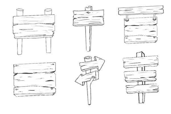 Установите Указатель Деревянный Дорожный Указатель Травой Стиле Дудл Изолированный Белом — стоковый вектор