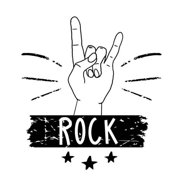 Ręka Gestem Tekst Rock Gwiazdy Doodle Emblemat Symbol Izolowany Białym — Wektor stockowy