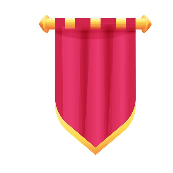 白い背景に隔離された漫画のスタイルで布の質感と黄金の装飾と赤ぶら下げ中世のバナーフラグ Uiゲーム資産 紋章デザイン要素 ベクターイラスト — ストックベクタ